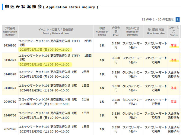 コミケ 夏コミ C106 先行入場チケット 抽選結果